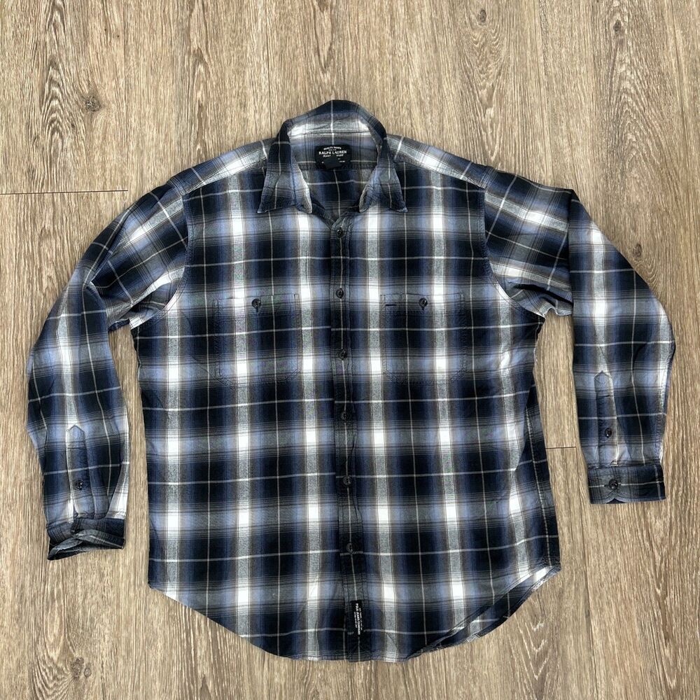 Polo Ralph Lauren Jeans Co Shirt Mens L Shadow Plaid Flannel Cotton Rayon Vtg